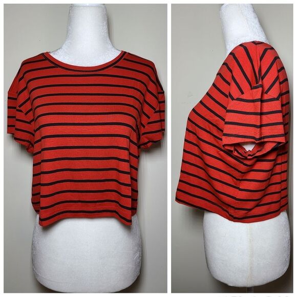 NWT|Splendid Red Striped Short Sleeve Crop Top, MEDIUM - Picture 2 of 5